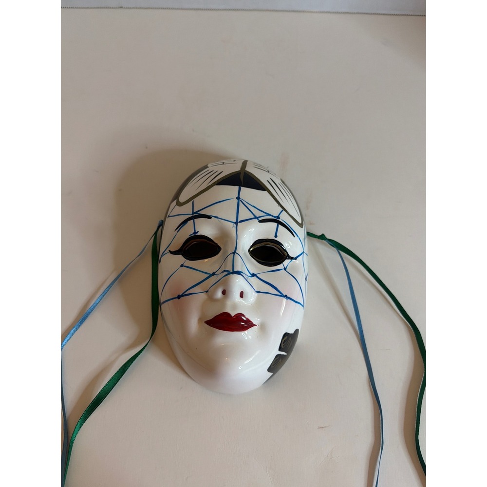Vintage Ceramic Harlequin Wall Mask Hand Painted Blue Grid Butterfly Taiwan